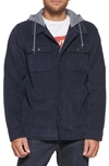 Levi's Faux Shearling Lined Hooded Corduroy Shirt Jacket In Navy