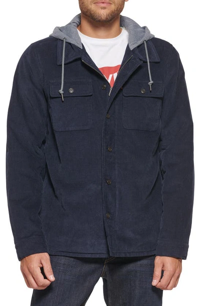 Levi's Faux Shearling Lined Hooded Corduroy Shirt Jacket In Navy