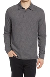 Vince Stripe Long Sleeve Sueded Pima Cotton Polo In Black/ H Grey