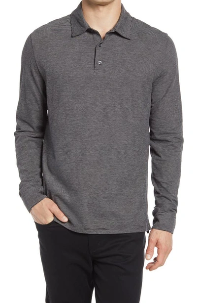 Vince Stripe Long Sleeve Sueded Pima Cotton Polo In Black/ H Grey