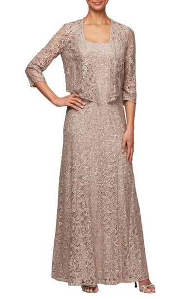 Alex Evenings Sequin Lace Jacket Gown In Buff