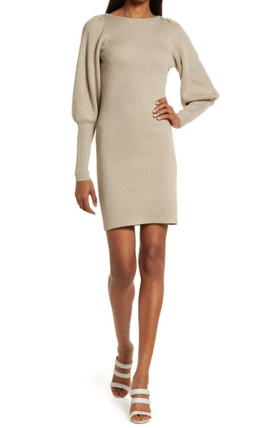 French Connection Rib Long Sleeve Minidress In Soft Truffle