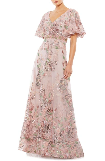 Mac Duggal Sequin Floral Butterfly Sleeve A-line Gown In Rose Pink