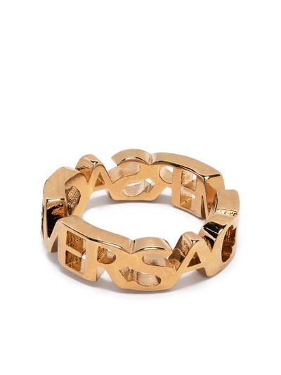 Versace Logo Lettering Thick Ring In Ruthenium
