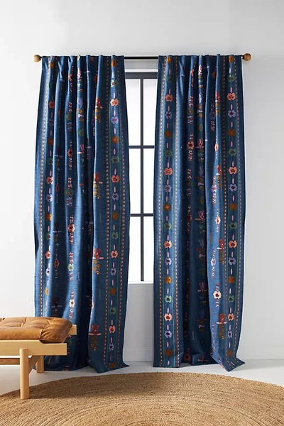 Anthropologie Embroidered Kacie Curtain In Blue