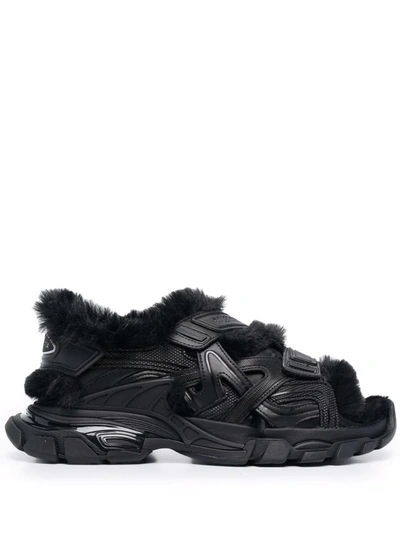 Balenciaga Track 人造皮草魔术贴凉鞋 In Black