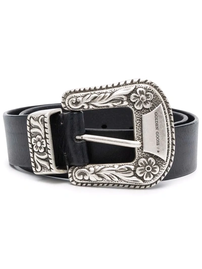 Golden Goose Black Cow Leather Belt With Intricate Silver Buckle