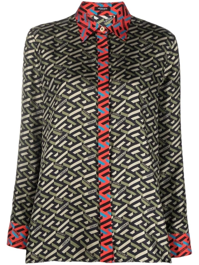 Versace La Greca Print Silk Blouse In Multicolor