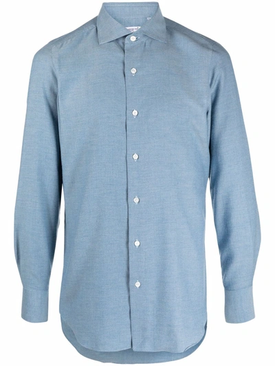 Finamore 1925 Napoli Long-sleeve Cotton-cashmere Blend Shirt In 蓝色