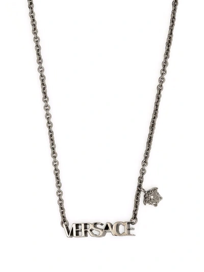 Versace Logo Lettering & Medusa Charm Necklace In Ruthenium
