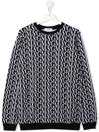 Msgm Teen Monogram-print Cotton Sweatshirt In 黑色