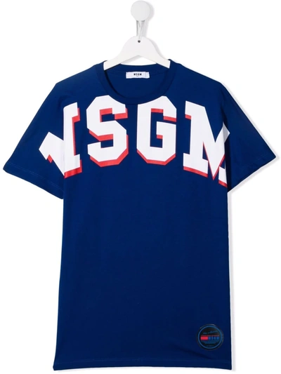 Msgm Teen Logo Crew-neck T-shirt In 蓝色