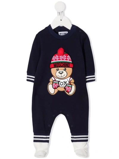 Moschino Babies' Logo Teddy Print Romper In 蓝色