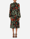 DOLCE & GABBANA TEXTURED CHIFFON CALF-LENGTH DRESS WITH PUSSY-BOW AND ROSE PRINT