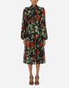 Dolce & Gabbana Black Rose Print Flared Silk Dress In Multicolor