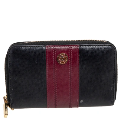 Pre-owned Tory Burch Black/burgundy Saffiano Leather Zip Around Wallet