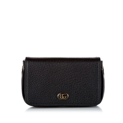 Pre-owned Gucci Gg Leather Wallet On Chain In Black