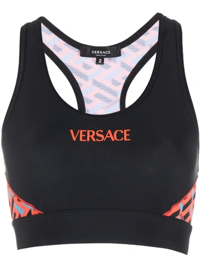 Versace La Greca Monogram Print Sports Bra In Black