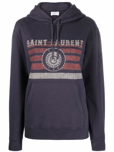 Saint Laurent Logo Cotton-jersey Hoodie In Blue