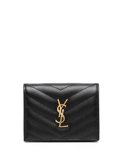 Saint Laurent Pebbled Logo Plaque Cardholder In Black