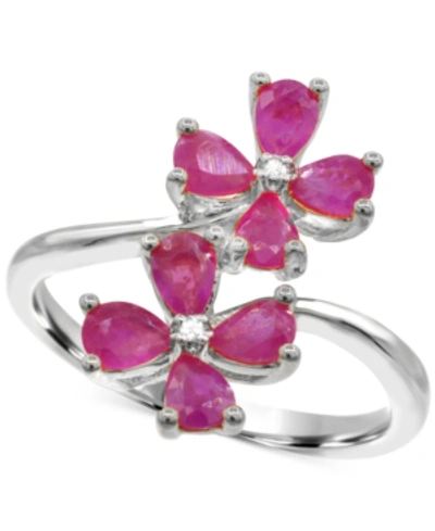 Macy's Lab-created Ruby (1-3/8 Ct. T.w.) & Diamond Accent Flower Bypass Ring In Sterling Silver