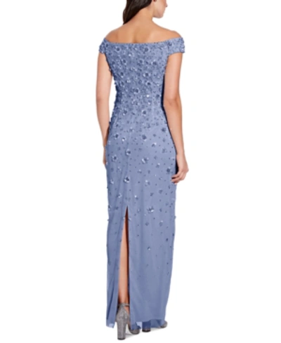 Adrianna Papell Off-the-shoulder 3-d Beaded Gown In Vintage Blue