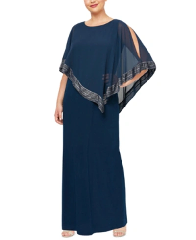 Sl Fashions Petite Long Chiffon And Jersey Popover Dress In Deep Navy
