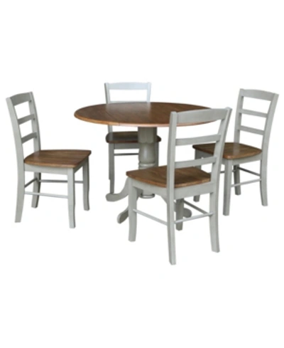 International Concepts 42" Dual Drop Leaf Pedestal Dining Table With 4 Madrid Ladderback Chairs, 5 Piece Dining Set In Distressed Stone