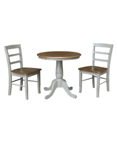 International Concepts 30" Round Top Pedestal Dining Table With 2 Madrid Ladderback Chairs, 3 Piece Dining Set In Distressed Stone