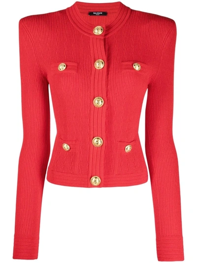 Balmain Structured Shoulder Ribbed-knit Cardigan In Red