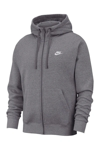 Nike Club Zip-up Logo Hoodie In Charcoal Heather/anthracite/white