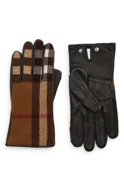 Burberry Gabriel Cashmere Lined Check Wool & Leather Gloves In Birch Brown