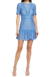 Saylor Darian Open Back Lace Ruffle Minidress In Blue