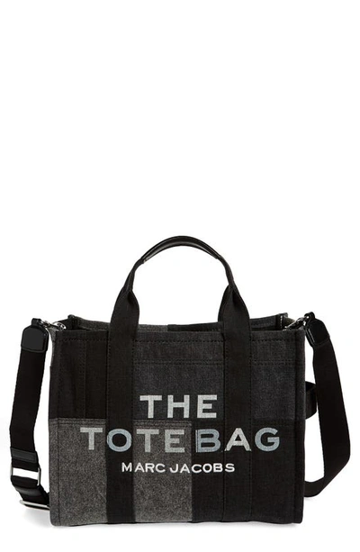 Marc Jacobs Small Traveler Patchwork Denim Tote In Black Denim