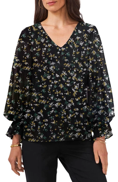Chaus Floral Balloon Sleeve Top In Rich Black