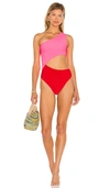 Beach Riot Celine Colorblock Ribbed One Shoulder One Piece Swimsuit In Pink & Red