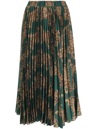 La Doublej Pleated Tiger-print Skirt In Grün