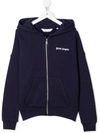 PALM ANGELS KIDS NAVY BLUE HOODIE WITH ZIP AND WHITE LOGO,PBBE002F21FLE001 4601