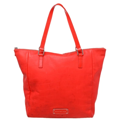 Pre-owned Marc By Marc Jacobs Bright Orange Croc Embossed Pvc And Leather Tote