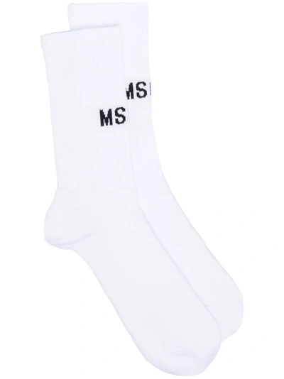 Msgm Intarsia-knit Logo Ankle Socks In White