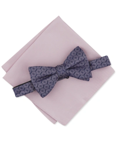 Alfani Men's Geometric Pre-tied Bow Tie & Solid Pocket Square Set, Created For Macy's In Pink