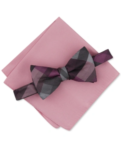 Alfani Men's Plaid Pre-tied Bow Tie & Solid Pocket Square Set, Created For Macy's In Pink