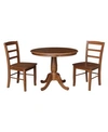 INTERNATIONAL CONCEPTS 36" ROUND TOP PEDESTAL DINING TABLE WITH 2 MADRID LADDERBACK CHAIRS, 3 PIECE DINING SET