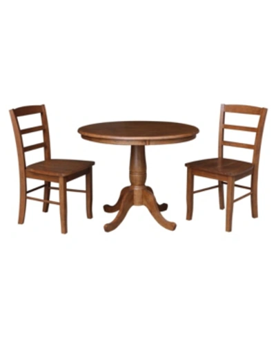 International Concepts 36" Round Top Pedestal Dining Table With 2 Madrid Ladderback Chairs, 3 Piece Dining Set In Distressed Oak