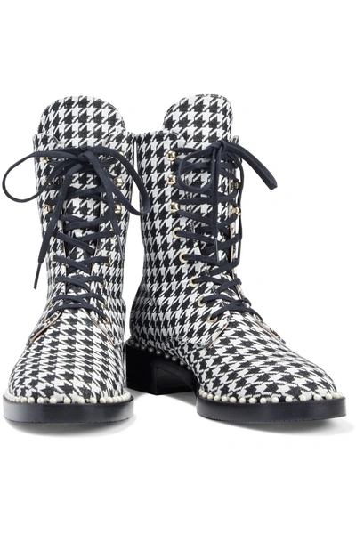 Stuart Weitzman Sondra Faux Pearl-embellished Houndstooth Canvas Combat Boots In White