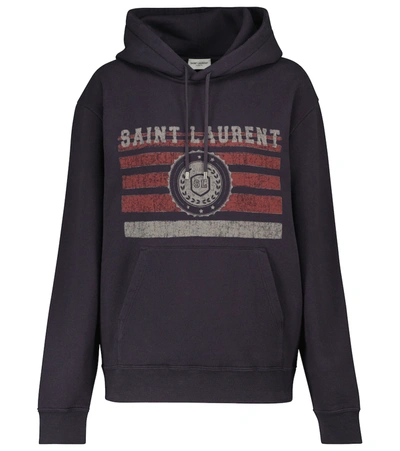 Saint Laurent Logo Cotton-jersey Hoodie In Blue