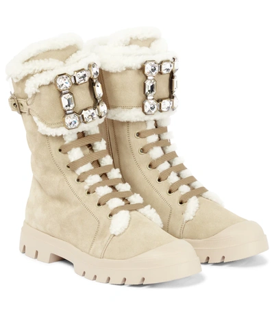 Roger Vivier Walky Viv Lace Up Booties With Strass Buckle In Beige