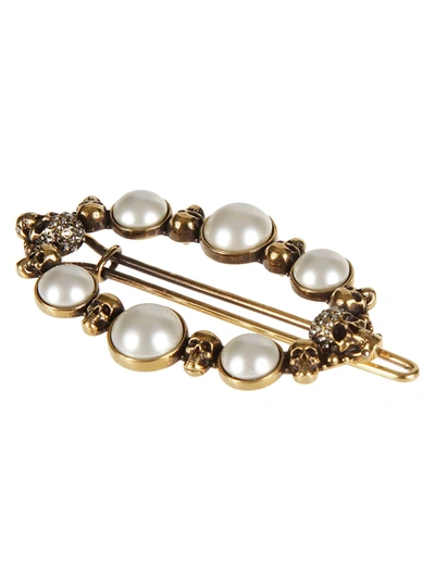 Alexander Mcqueen Pearl-embellished Skull Hairclip In Antique Gold