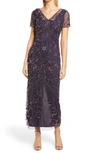 Pisarro Nights Beaded Mesh Column Gown In Plum