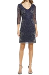 Pisarro Nights Beaded V-neck Cocktail Dress In Navy